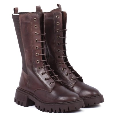 boots femme cuir marron compensées à lacets Andrea Bruni AB-516-12-M